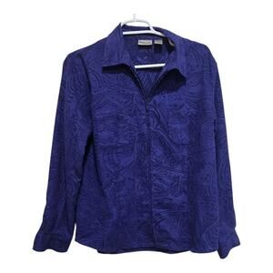 Chico’s Womens Size 1 Medium Faux Suede Paisley Zip Shirt Jacket Blue